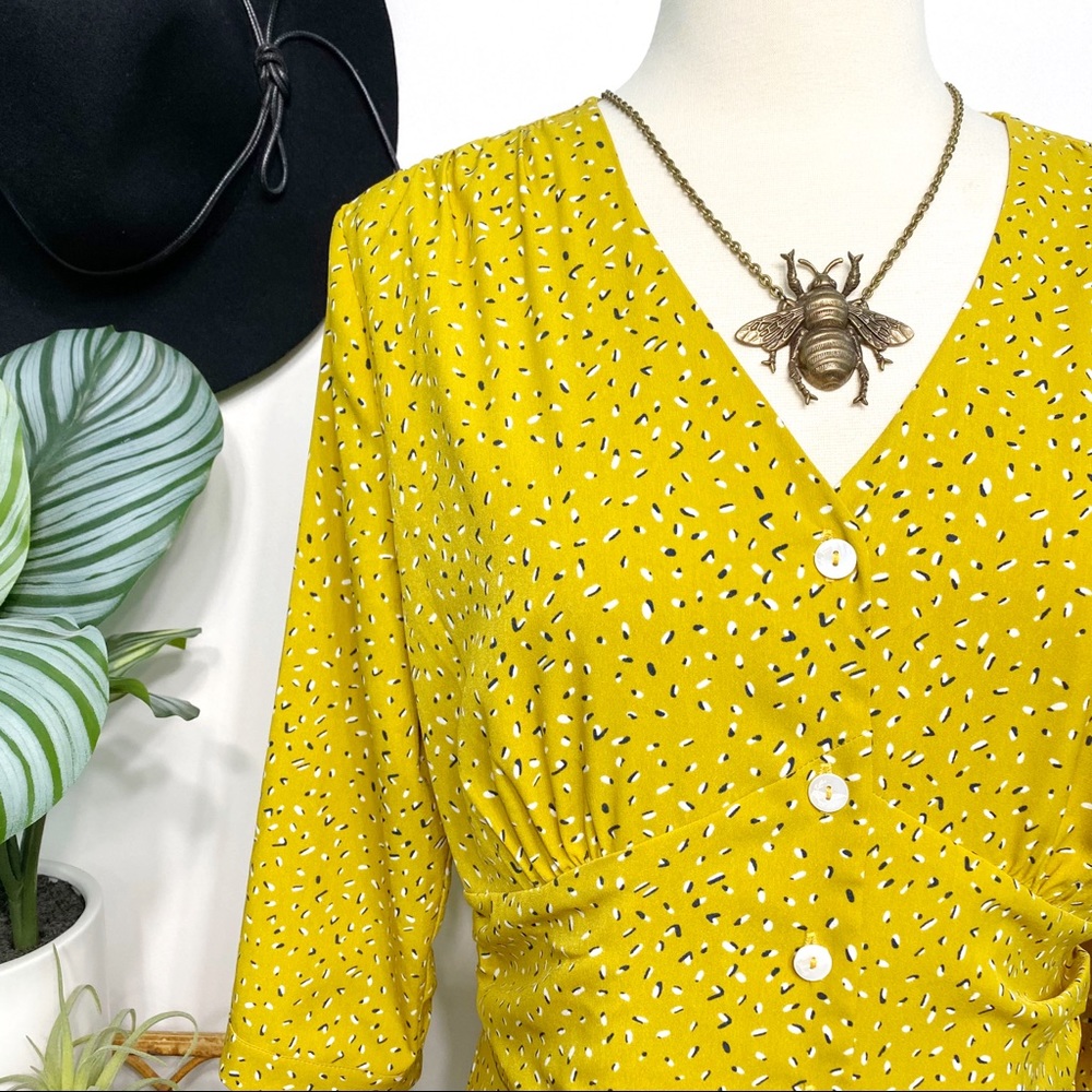 modcloth | simple retro mustard geo print tie-sleeve midi dress l - Picture 10 of 12